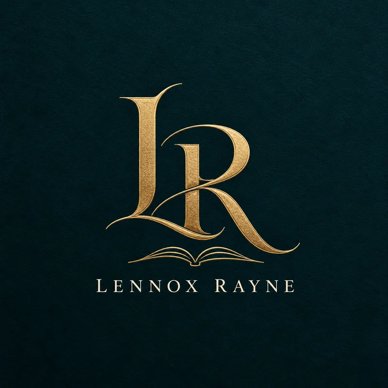 Lennox Rayne author emblem: gold LR initials above an open book and the name Lennox Rayne on deep teal.